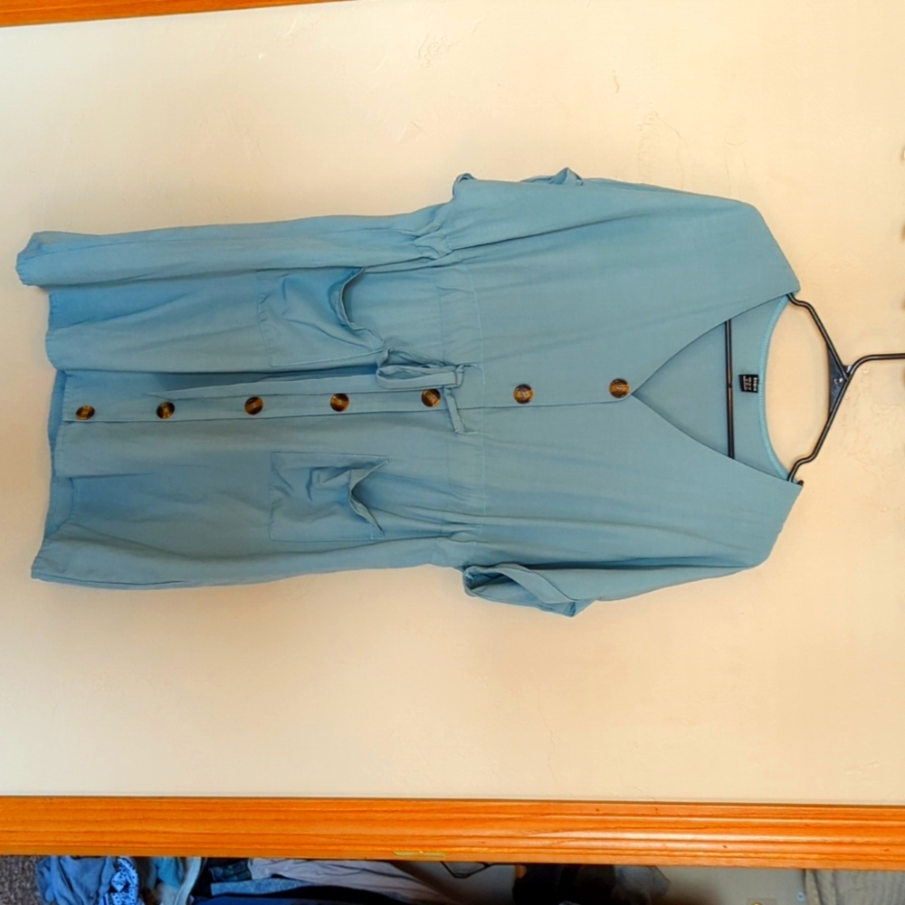 Mint green wide Sleeve Dual Pocket Single Breasted Drawstring Waist Dress, Shein